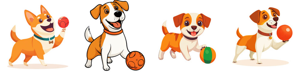 Fototapeta premium Adorable cartoon puppies of different breeds happily playing and chasing colorful balls in a lush green outdoor field capturing the joyful and energetic spirit of young playful dogs