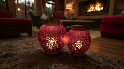 Two ornate pink lanterns glowing softly on a rug in a cozy living room with a fireplace.