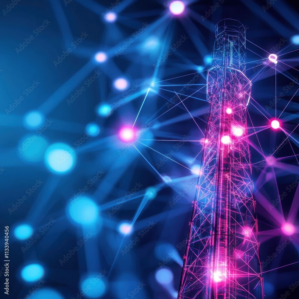 Aufkleber futuristic communication tower with network connections and abstract digital background representing