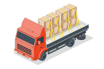 Isometric Flatbed Cargo Truck with Boxes. Commercial Transport. Logistics. City Object for Infographics. Car for Carriage of Goods. Front View.