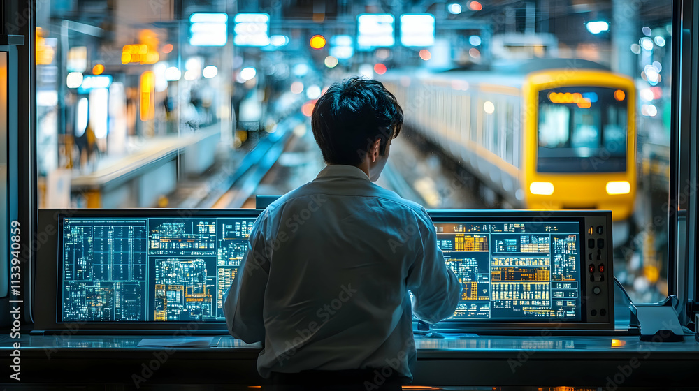 Poster a person monitors train operations from a control panel at a busy station.