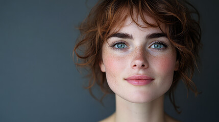 Naklejka premium Young woman with curly hair and bright blue eyes gazes confidently at the camera in soft lighting