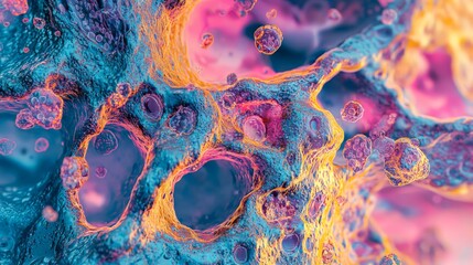 An abstract, colorful image depicting microscopic cellular structures with vibrant hues of blue, pink, and yellow, resembling a biological or scientific theme.