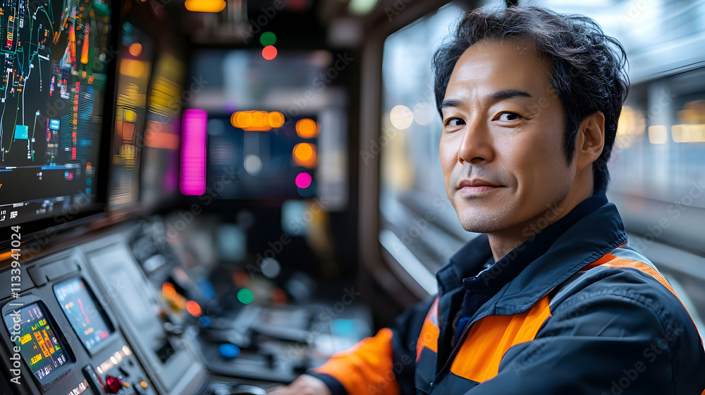 Poster a train operator in a control room, focused on monitoring train systems and operations.