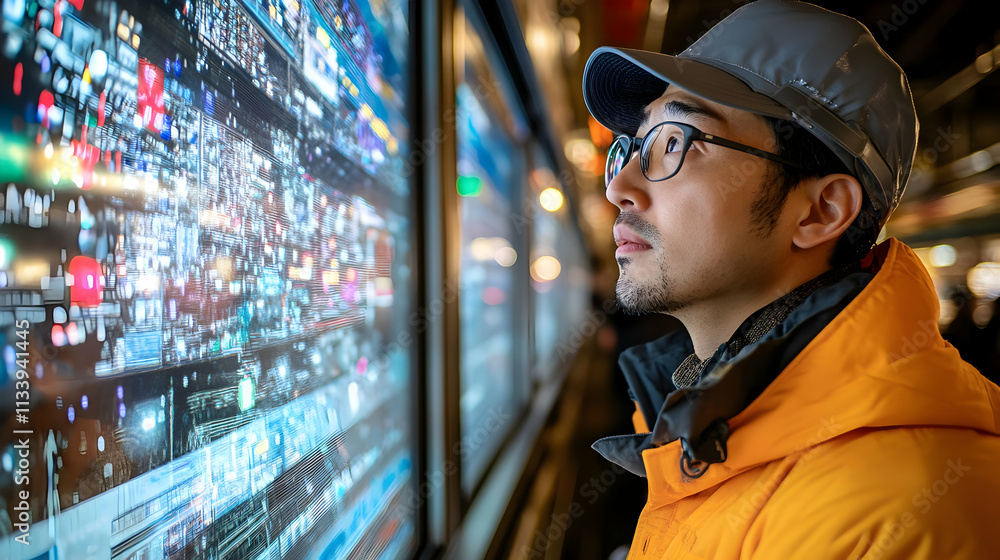 Poster a man gazes thoughtfully at a digital display filled with data and graphics.