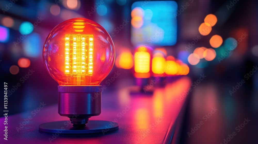 Poster illuminated led bulb on a counter with bokeh background.