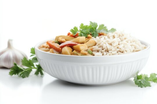 A bowl of hearty vegetable curry is artfully arranged next to fluffy brown rice, both garnished with fresh cilantro. The clean white background enhances the warm and nourishing appeal of the dish.