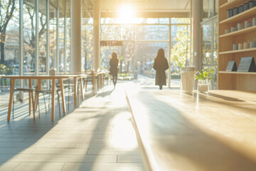 The sun shines through the large floor-to-ceiling windows of an empty modern coffee shop, creating long shadows on the wooden table in front and two women walking by.