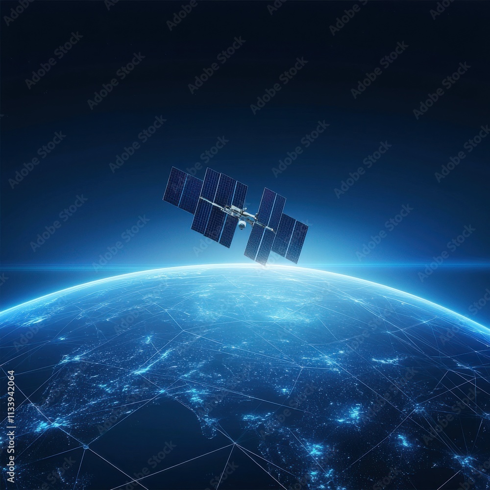 Aufkleber futuristic view of earth's orbit with a satellite in space, depicting advanced technology and global