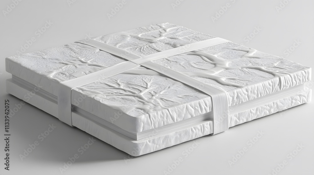 Poster two white square textured blocks tied with bands, showing tree-like embossed patterns.