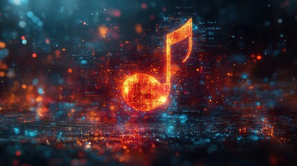 Fototapeta premium Glowing digital music note on dark background.