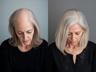 before and after of 60s woman with female hair loss and with thick gray hair after treatment or wig
