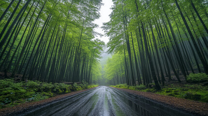 Lush green forest landscape with a winding road in misty weather during early morning