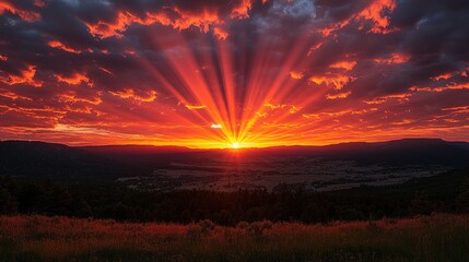 Obraz premium Fiery sunset bursting through dramatic clouds over a mountain range and field.