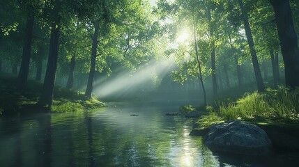 Obraz premium A cinematic shot of a misty forest at dawn, with sunlight filtering through the trees, creating a serene and mystical background.