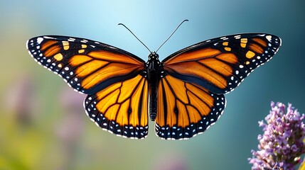 Fototapeta premium Monarch Butterfly Migrating Across Bright Blue Sky Symbolizing Endurance and