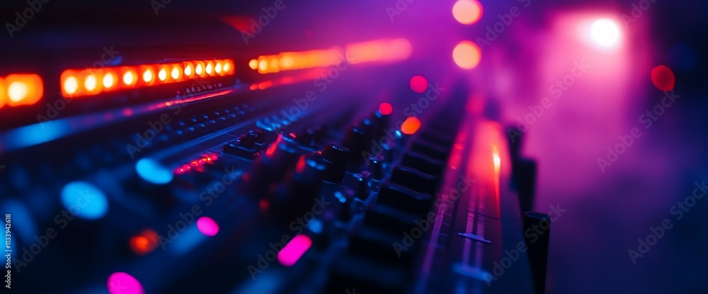 Poster A close-up of a sound mixing console with colorful lights and fog.