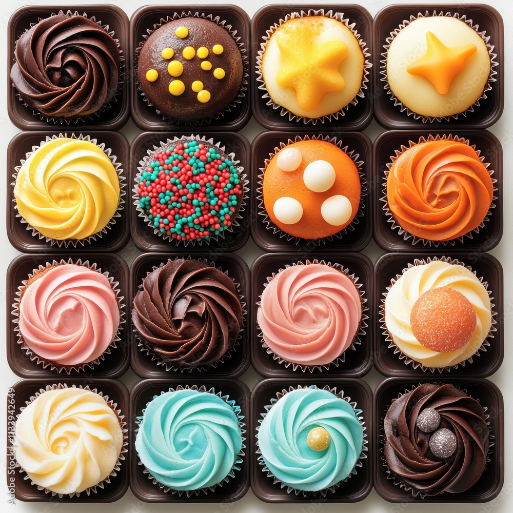 Poster a colorful assortment of decorative cupcakes arranged in a grid pattern.