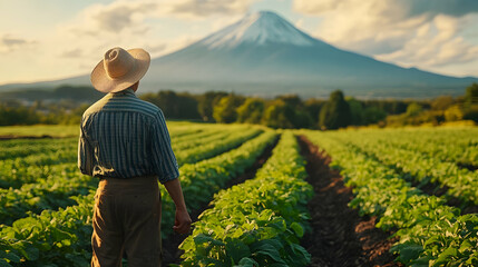 Fototapeta premium A farmer gazes at a mountain backdrop while tending to lush green fields.