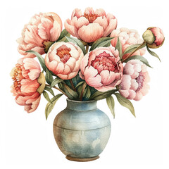 watercolor of beautiful peony bouquet in a vase cartoon