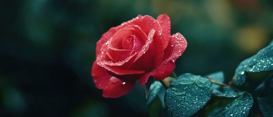 beautiful red rose with dew drops on petals