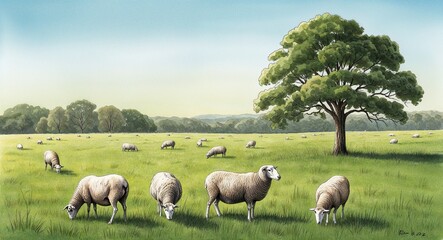 Obraz premium A peaceful meadow with a lone tree and grazing sheep hand drawing
