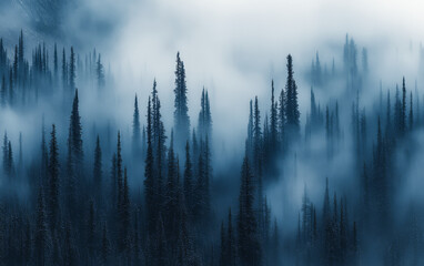 Obraz premium Mysterious fog envelops a dense forest with tall pine trees in twilight