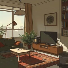 an old animation apartment in Tehran, 2d flat animation, minimal, cartoonish, a harmonious mute color palette, black outlines