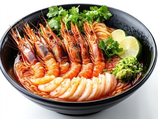 A vibrant bowl of shrimp noodles garnished with lime and herbs.