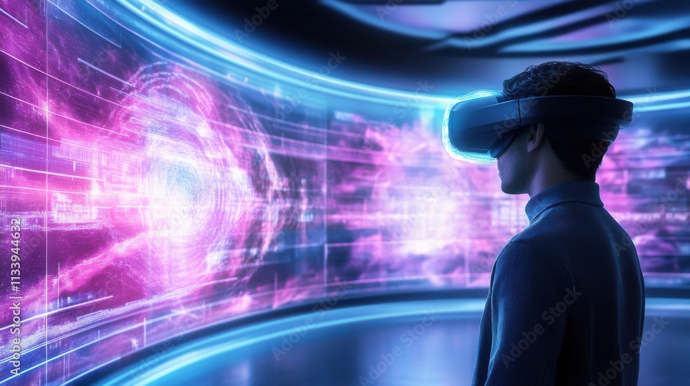 Aufkleber person experiencing virtual reality technology with futuristic digital projections in a modern envir