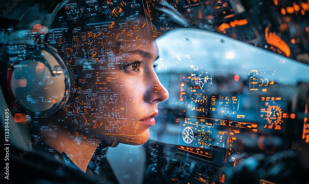 Poster a focused individual in a cockpit surrounded by digital interface elements.