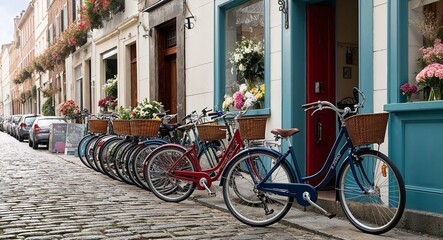 Fototapeta premium Bicycles parked by a cobblestone street lined with flower shops 