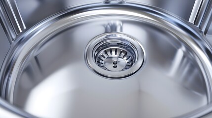 Close-up of a shiny stainless steel kitchen sink drain with a chrome finish.