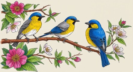 Birds perched on a flowering tree branch during springtime hand drawing
