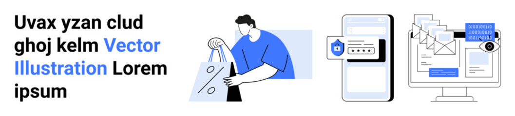 Man holding shopping bags, smartphone with security lock, computer screen with organized files on light background. Ideal for e-commerce, cybersecurity, file management, digital security, online