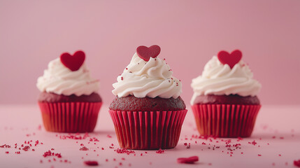 Red velvet cupcakes with whipped cream for Valentine's Day isolated on a soft pink background