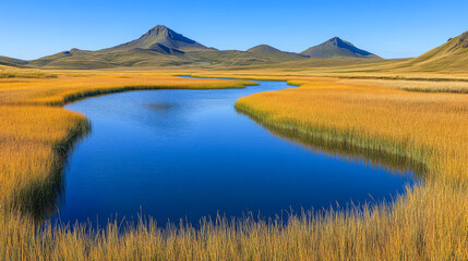 Obraz premium Serene landscape featuring a winding river and golden grass fields at midday