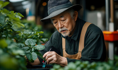 An elderly man tending to plants in a garden, showcasing care and horticulture skills.