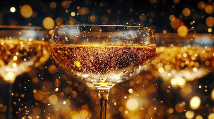 Golden champagne flutes and sparkling bokeh, celebration-themed background header or website banner for events and festivities