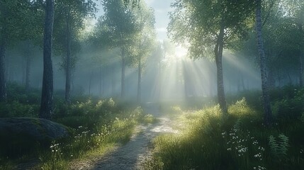 Naklejka premium A cinematic shot of a misty forest at dawn, with sunlight filtering through the trees, creating a serene and mystical background.