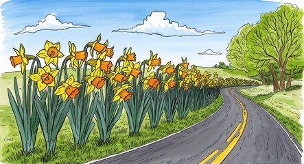 Daffodils clustered along a winding country road in early spring hand drawing