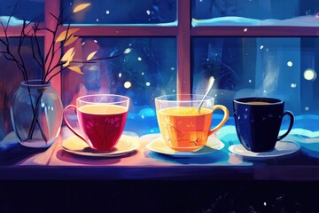 Obraz premium cozy winter scene with warm beverages by the window