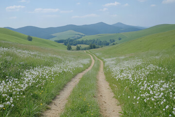 Fototapeta premium Scenic dirt path winding through lush green hills and wildflowers on a sunny day