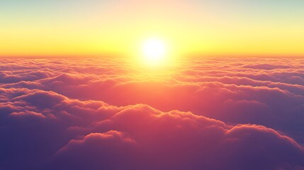 Vibrant sunset above a sea of clouds, showcasing warm golden and reddish hues.