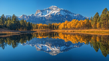 Obraz premium Autumn mountain landscape with vivid reflections on a still lake, showcasing golden trees and blue skies