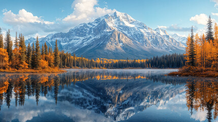 Snowy mountain reflected in a still lake with autumn trees and driftwood, background header or website banner