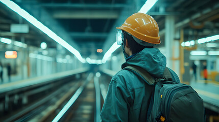 A person in a hard hat and backpack stands at a train station, observing the tracks.