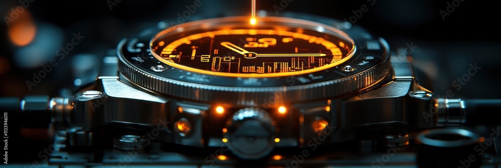 Poster a close-up of a futuristic watch with an illuminated display and intricate design.