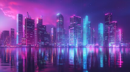 Fototapeta premium Colorful Cityscape at Night with Skyscrapers and Neon Lights