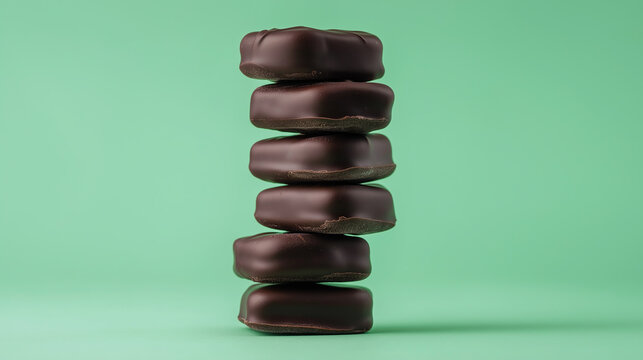 Stack of dark chocolate-covered candies with a creamy peppermint filling isolated on a green background
